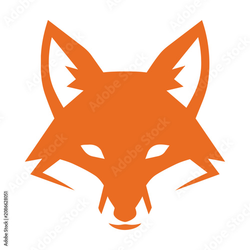 Stylized geometric fox head with sharp triangular ears and bold orange and white color blocks on a solid white background, modern minimalist animal design
