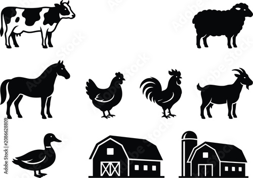Set of black farm animals and barn icons including cow pig sheep horse chicken rooster goat and duck in a simple silhouette style for agriculture and nature design projects
