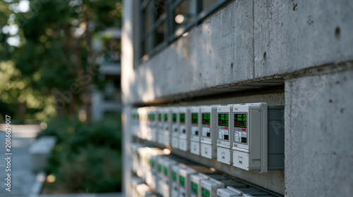 Hundreds of smart electricity meters embedded in an apartment building facade, each glowing with real-time consumption data in green and red digits, automated demand response