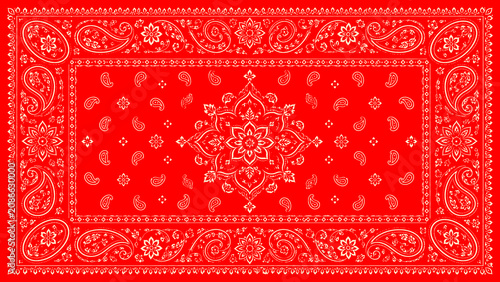 Classic red paisley bandana pattern with intricate white ornamental floral elements, symmetrical vintage western design, seamless decorative textile print, high detail vector style background.