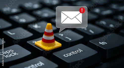 Traffic cone on a computer keyboard with an email notification icon