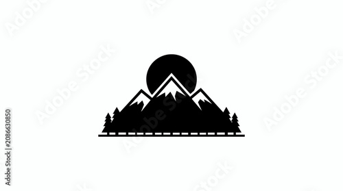 Fotografi Mountain Range Silhouette With Trees And Road On White Background