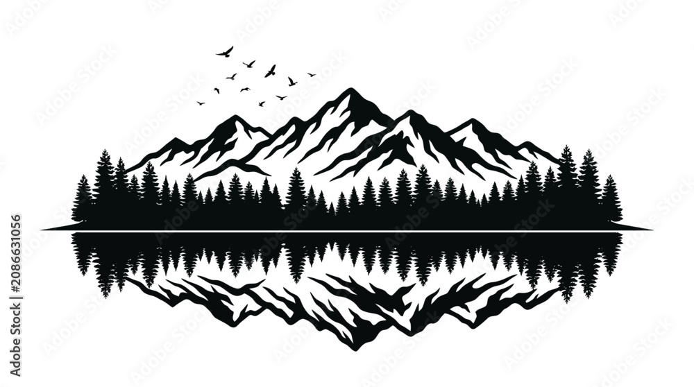 Obraz premium Mountain Range Silhouette With Reflection And Birds Black And White