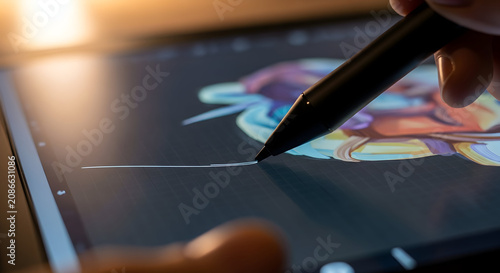 Close-Up of a Hand Using a Stylus on a Digital Tablet to Create Colorful Artwork in a Modern Workspace