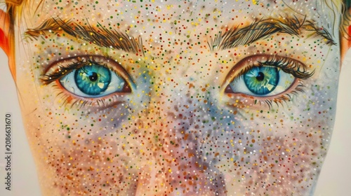 A pointillist painting of a person with a freckled complexion, meticulously rendered with tiny dots of color  ,watercolor