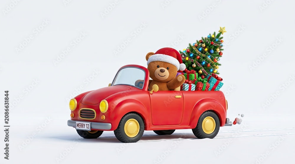 Fototapeta premium Charming christmas scene teddy bear driving red car with christmas tree festive holiday concept