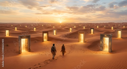 Two people walk towards glowing doors in a vast desert landscape at sunset.