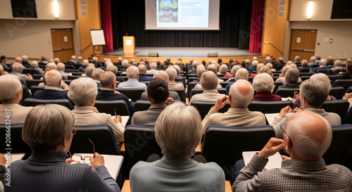 Large Audience of Seniors Attending Educational Seminar in a Conference Hall with Presenter on Stage Displaying Information on a Projector Screen