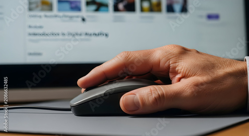 Hand Using Computer Mouse for Navigation at a Modern Workspace with Laptop Displaying Digital Content in an Engaging Online Learning Environment