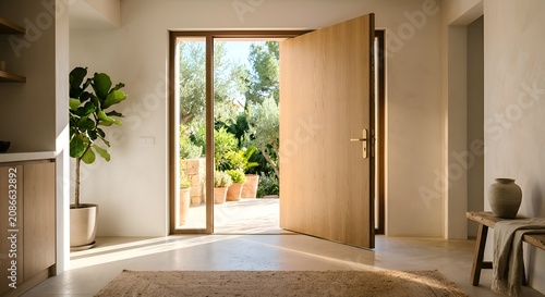 Open wooden door revealing sunny garden, modern entryway, bright natural light