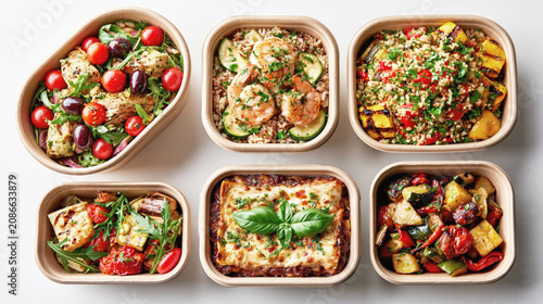 Assorted Mediterranean meal prep dishes fill compostable containers, photographed overhead on a bright white background.