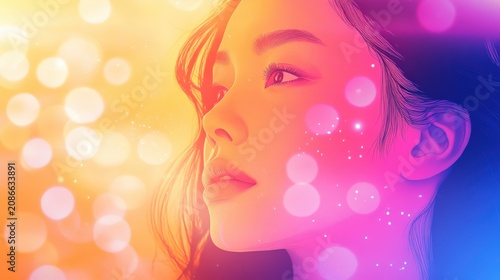 Portrait of a young woman bathed in vibrant gradient lighting with a dreamy bokeh background.