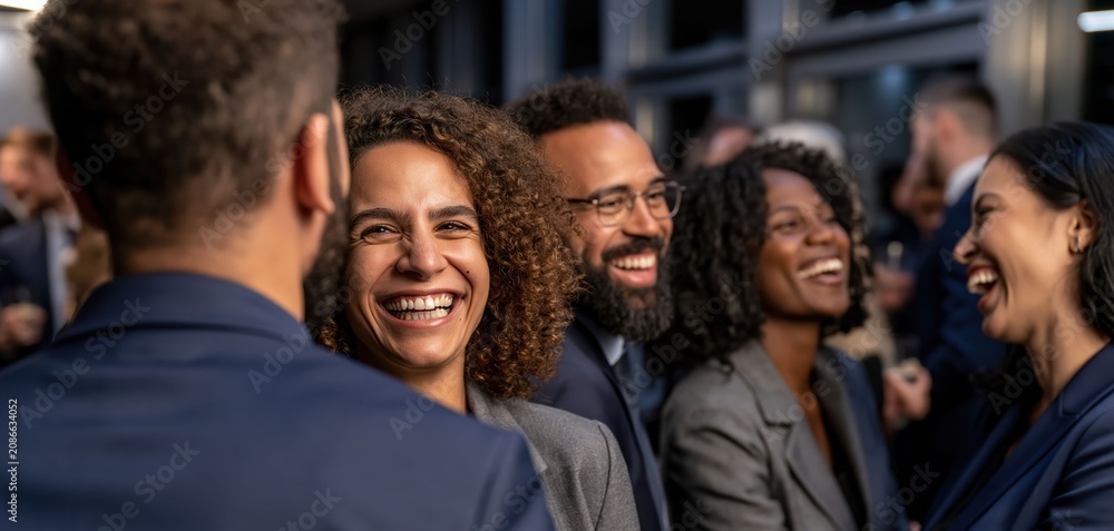 Fototapeta premium Professionals socialize at an exhibition hall, sharing smiles and conversation that reflect business networking, trust, and relationship building.