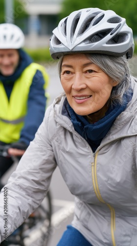 Senior Asian female cyclist wearing a gray jacket and helmet rides a bicycle on a paved path with another cyclist in a yellow vest visible in the background