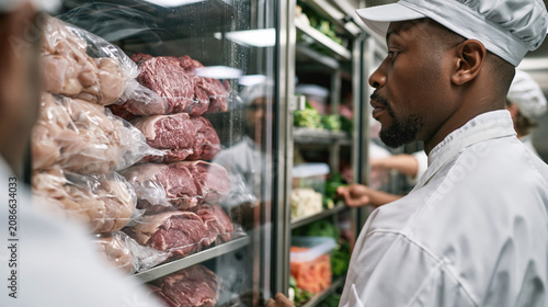 Chef inspects packaged raw meat in a commercial refrigerated storage room, viewed from the side.
