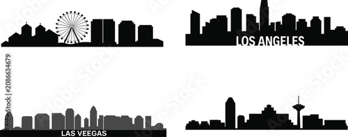 Photography USA City Skyline Silhouette Collection with Los Angeles and Las Vegas Vector Set