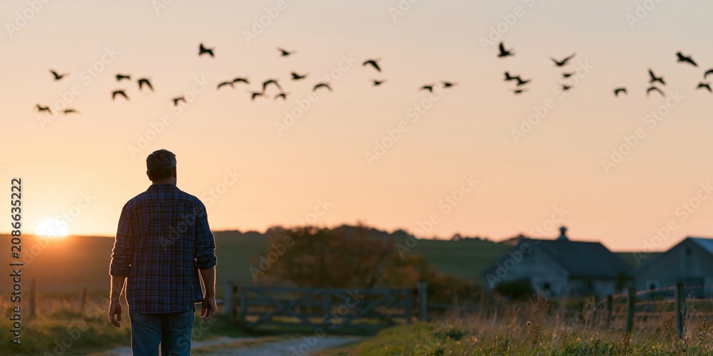 Fototapeta premium Man watching birds fly at sunset