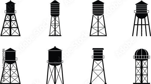 Water Tower Silhouette Collection with Elevated Storage Tank Vector Set