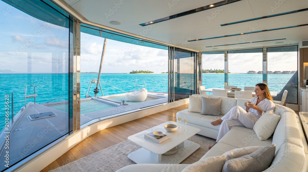 Fototapeta premium Woman relaxing in luxury modern yacht living area.