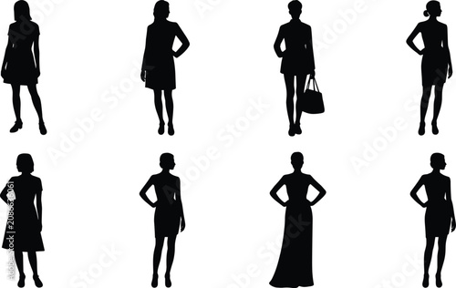 Women Silhouette Collection with Standing Female Figures in Elegant Fashion Poses Vector Set