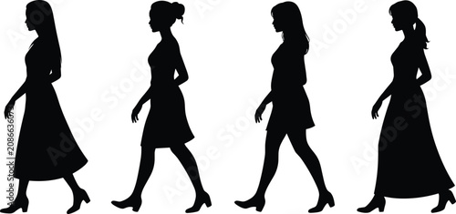 Women Walking Silhouette Collection with Elegant Female Fashion Poses Vector Set