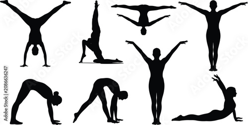 Yoga Pose Silhouette Collection Set with Gymnastics Stretching and Fitness Exercise Vector Figures