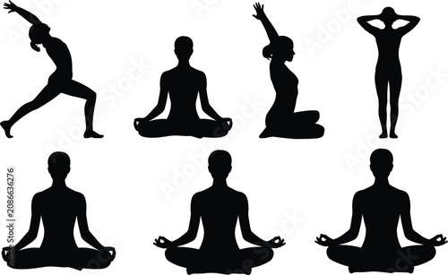 Yoga Pose Silhouette Icon Set Collection with Meditation Stretching and Wellness Figures
