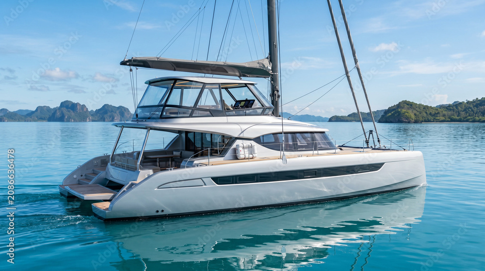 Fototapeta premium White catamaran sailing in tropical blue water with islands.