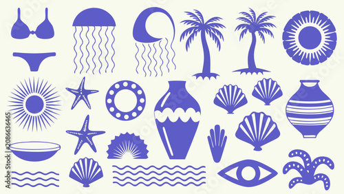 Konstfotografi Mediterranean Beach Silhouettes Collection A Blue Vector Illustration Against A