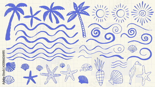 Nautical themed sketch featuring palm trees waves shells and suns in a blue line drawing style beachcombing