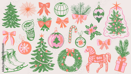 Christmas ornament collection a festive vector illustration with pine trees candy canes and decorative bows ornaments decorations