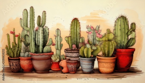 Collection of Various Potted Cacti and Succulents Displayed Together.