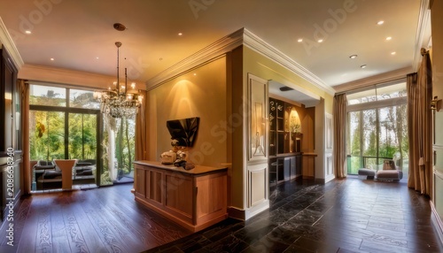 Elegant interior with dark wood floors and natural light.