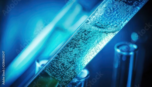Close-up of test tubes with blue liquid and bubbles.
