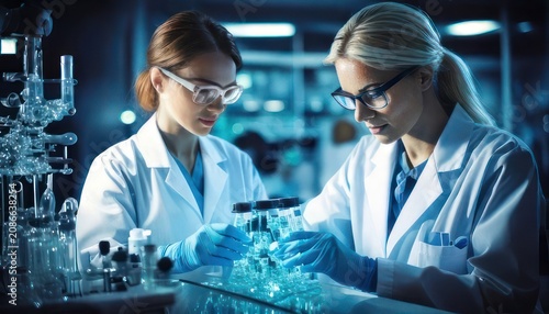 Two female scientists conducting research in a laboratory setting.