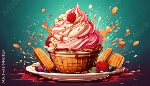 Delicious Ice Cream Sundae with Wafers and Berries.