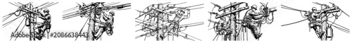 Electrician line workers repairing utility poles and power lines technical sketch set