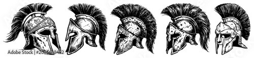 Foto Spartan gladiator helmets set in vintage engraving style