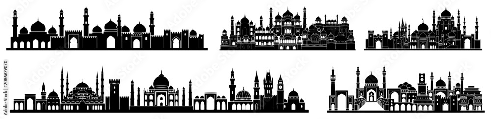 Fototapeta premium Islamic architecture mosque silhouettes and oriental city skyline borders