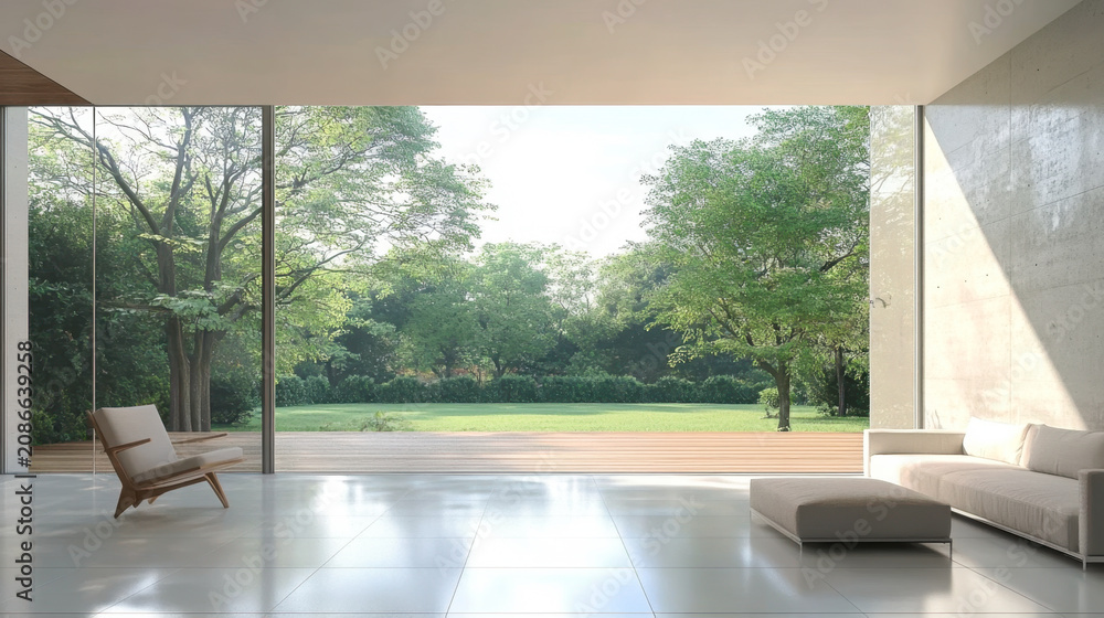 Obraz premium Modern contemporary style empty room with large window overlooking tropical green nature garden background