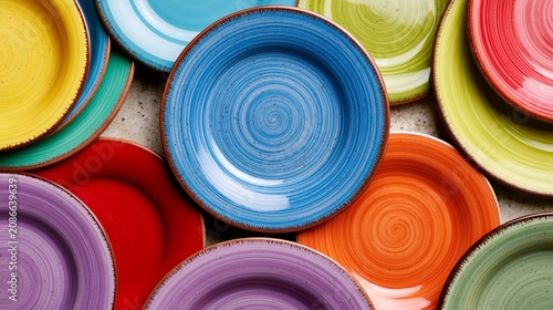 plates, ceramic, colorful, blue, red, yellow, green, purple, spiral, topview, arrangement, kitchen, tableware, dishware, design, pattern, texture, surface, round, vibrant, decorative, food, dining, ho