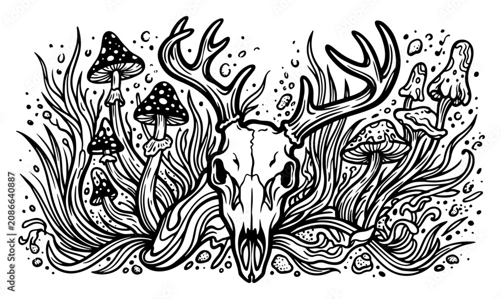 Obraz premium Animal skull with antlers surrounded by mushrooms and grass in textured linocut style