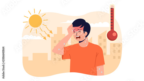 Foto Exhausted man sweating and suffering from extreme heatstroke in a hot city