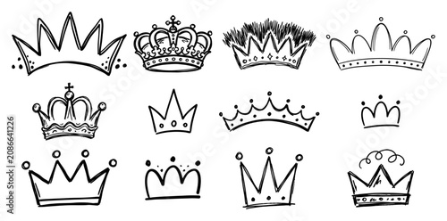 Photos Royal crown collection with various king and queen headwear in simple doodle sty