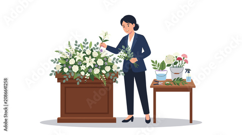 Florist arranging a large white flower arrangement for a funeral or memorial service