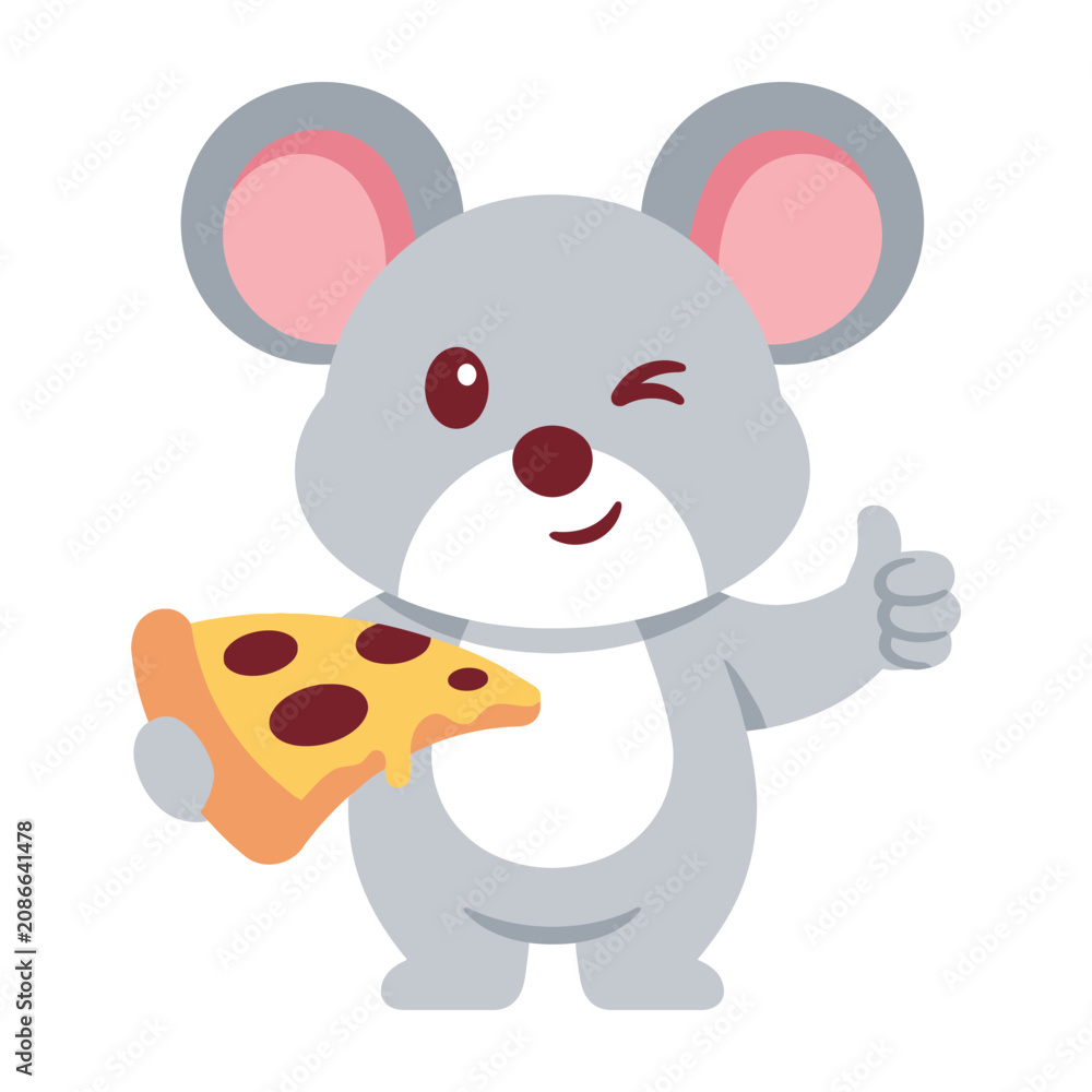 Obraz premium Cute Grey Mouse Holding a Slice of Pepperoni Pizza Giving a Thumbs Up Sign Isolated on White