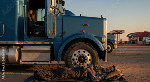 Truck driver takes a necessary rest break by sleeping in a sleeping bag on the ground next to a parked blue semi-truck at a highway gas station during sunset.