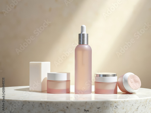 Luxury Skincare Bottles Display. Premium Cosmetic Packaging. Elegant Beauty Scene.