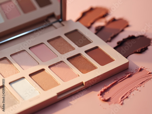 Open Makeup Palette with Swatches. Beauty Catalog Scene. Cosmetic Product Display.