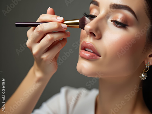 Luxury Makeup Brushes in Use. Professional Beauty Application. Elegant Cosmetic Scene.